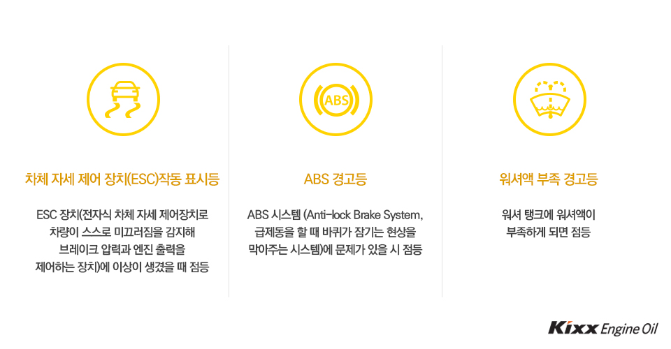 차체 자세 제어 장치 작동 표시등, ABS 표시등, 워셔액 부족 경고등