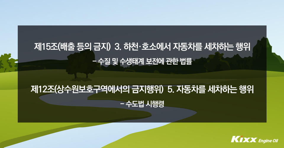 수질 및 수생태계 보전에 관한 법률에 따르면 ‘하천이나 호소에서 자동차를 세차하는 행위’가 금지된다. (법 제15조 배출 등의 금지) ‘호소(湖沼)’는 호수와 늪이 해당된다. 수도법에서도 상수원 보호구역에서 자동차를 세차하는 행위를 금지하고 있다. (시행령 12조 상수원보호구역에서의 금지행위)